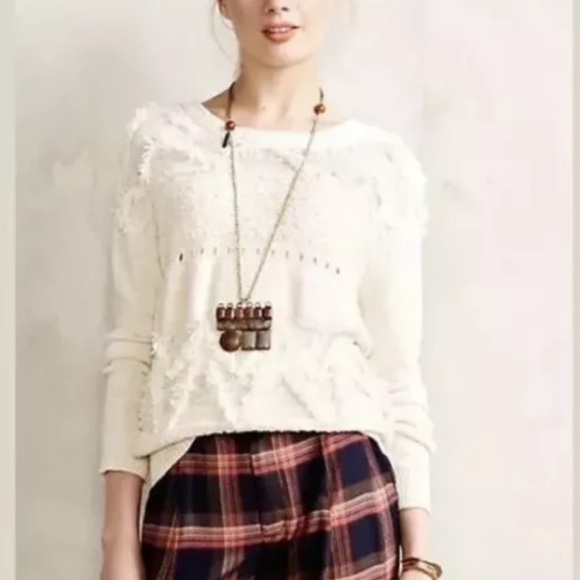 Anthropologie MOTH Bramble Fringe Sweater Ivory Pullover Knit Wool Alpaca Blends - Picture 11 of 11